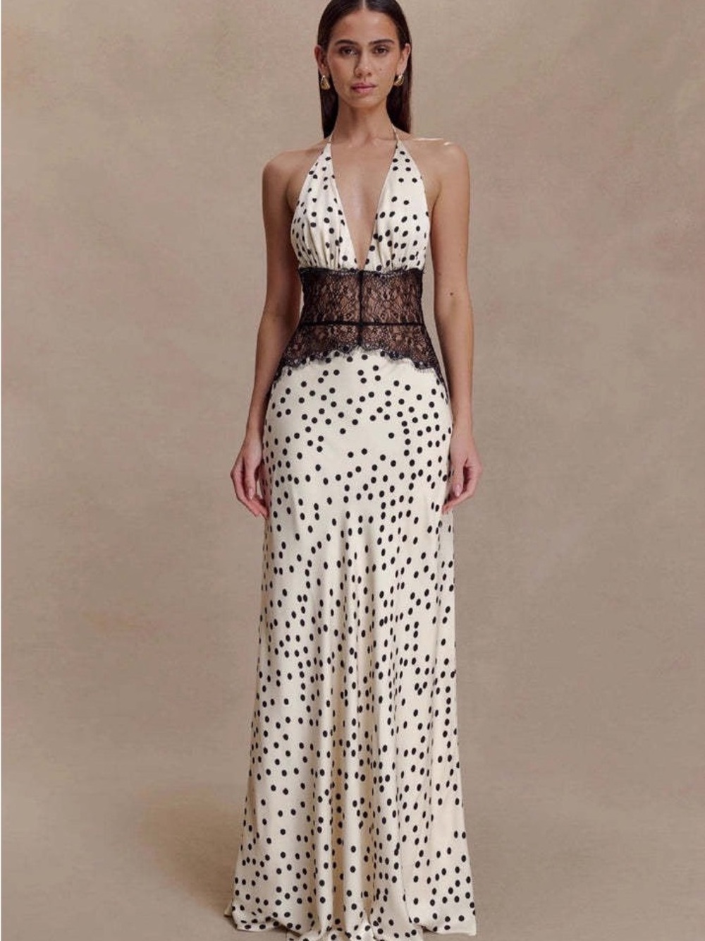 Polka Dot Halter Lace-Waist Maxi Dress - Cream/Black